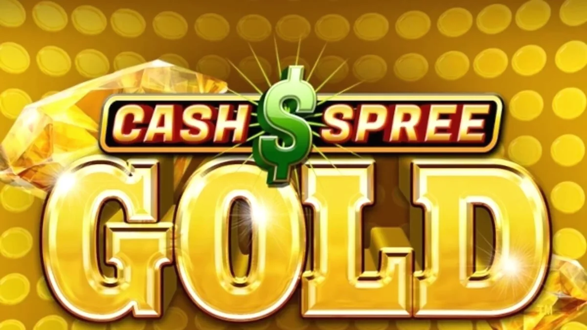 Cash Spree Gold slot machine interface na may gintong tema at kumikinang na mga simbolo.