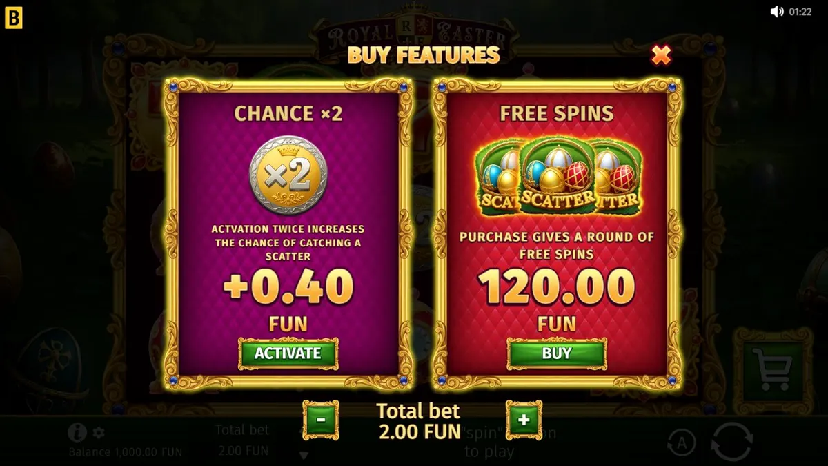 Royal Easter slot game interface na may mga gintong itlog at marangyang hardin
