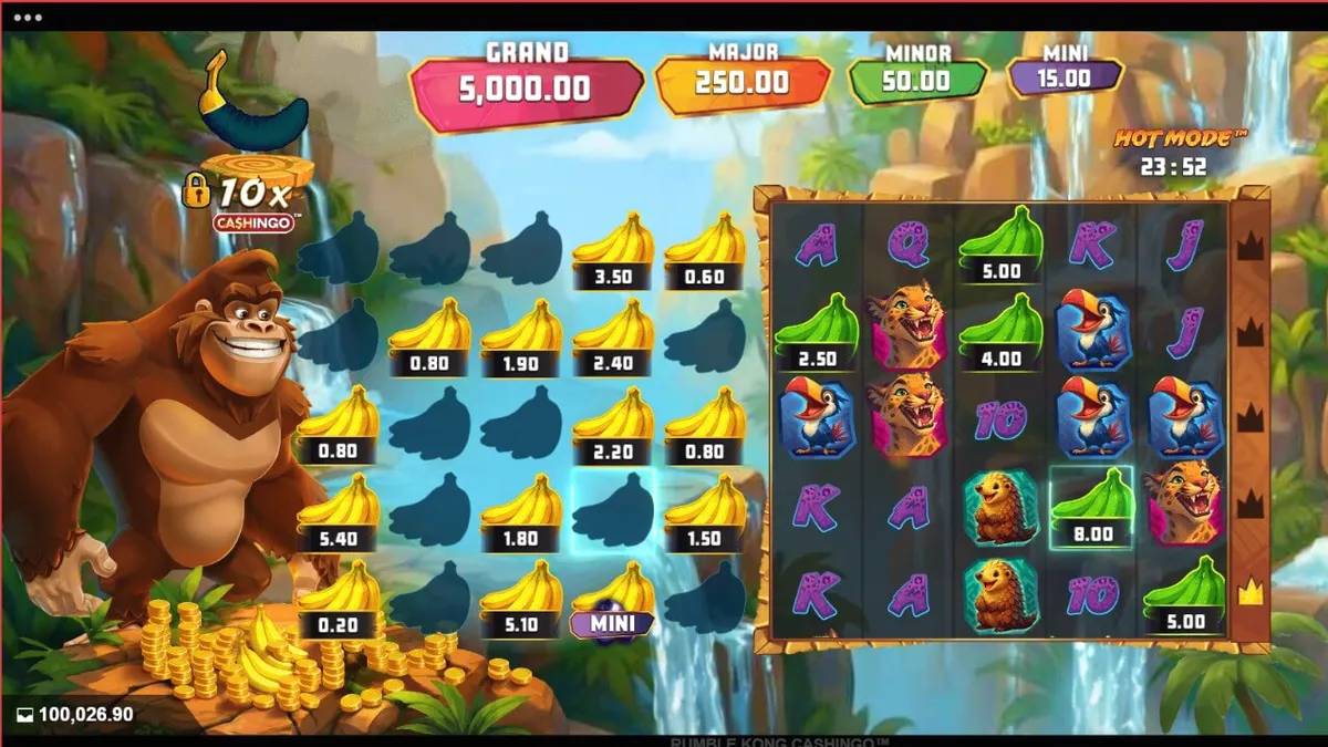 Rumble Kong Cashingo slot machine interface na may neon cityscape at gorilla theme